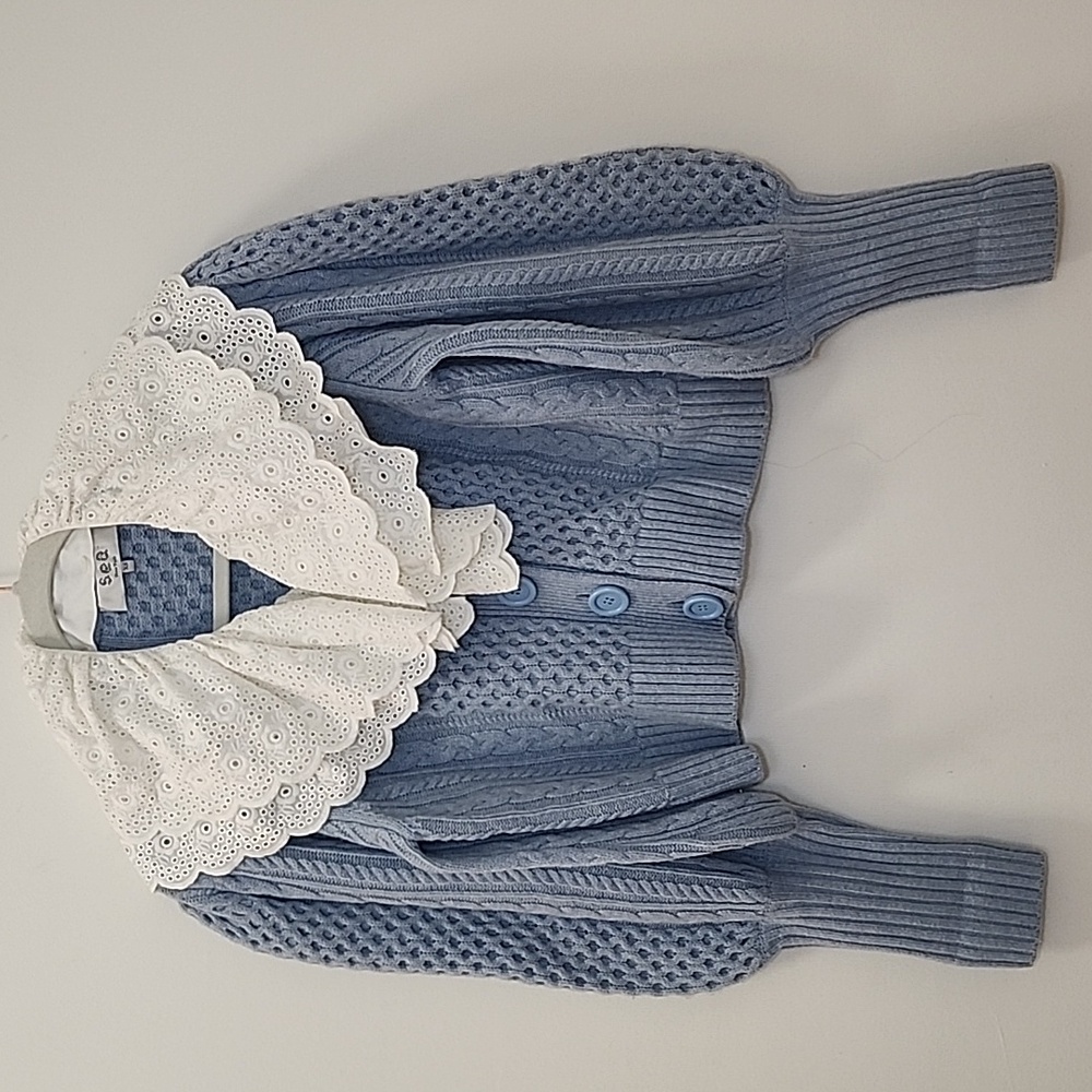 Sea NY Melanie cable-knit cropped cardigan light blue wool Broderie Collar XS - Picture 5 of 16